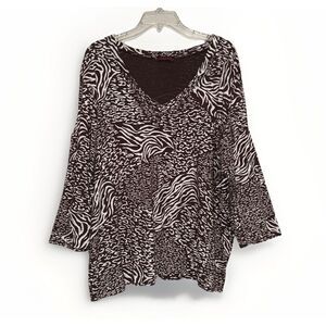 Fresh Produce Top 2X V Neck Relaxed‎ Cotton Blouse 3/4 Sleeve Animal Print Art